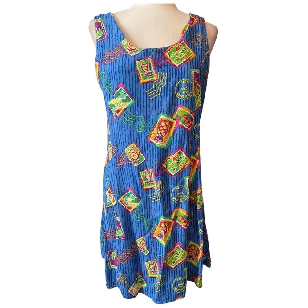 Vintage 90's Big Hed Designs blue multicoloured dress with a fun print. Size: L
